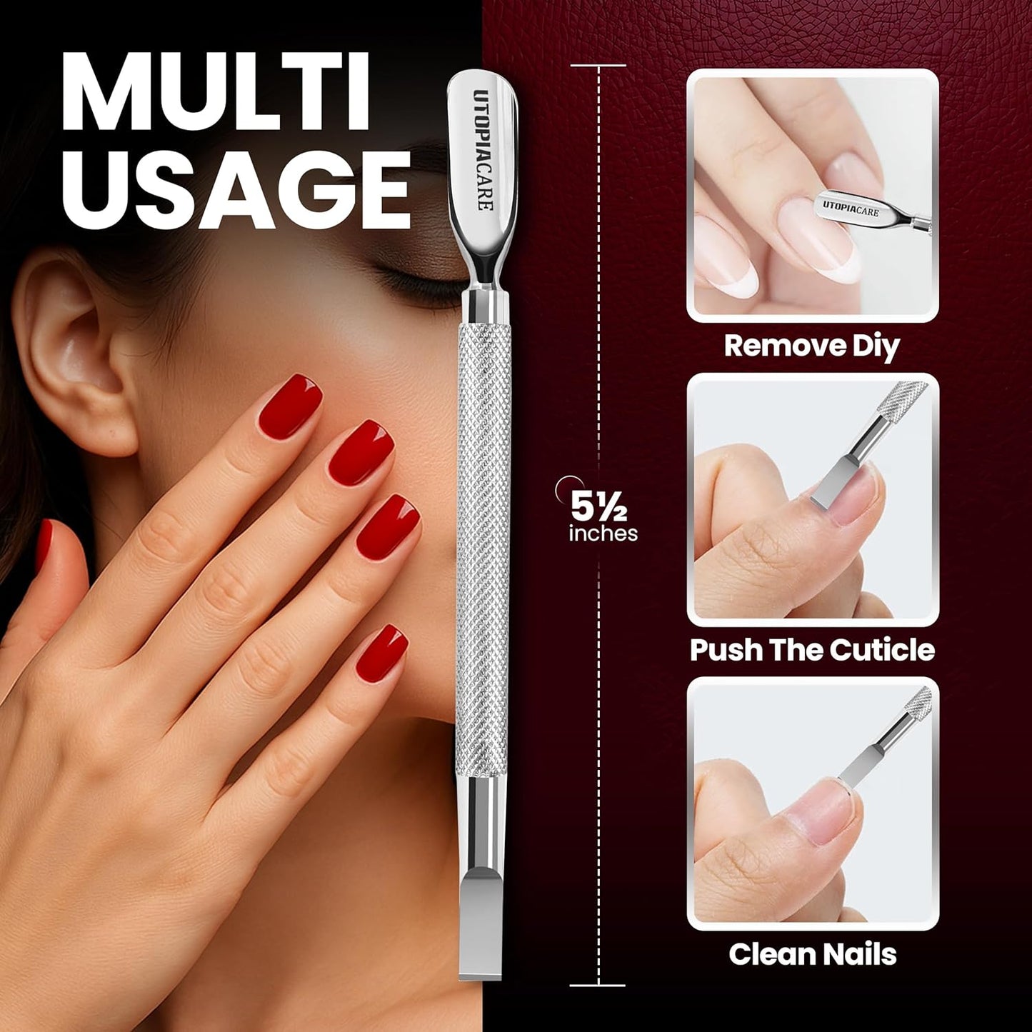 Utopia Care Cuticle Pusher Tool - Professional Stainless Steel Nail Cleaner & Remover | Durable Manicure & Pedicure Tool in Silver