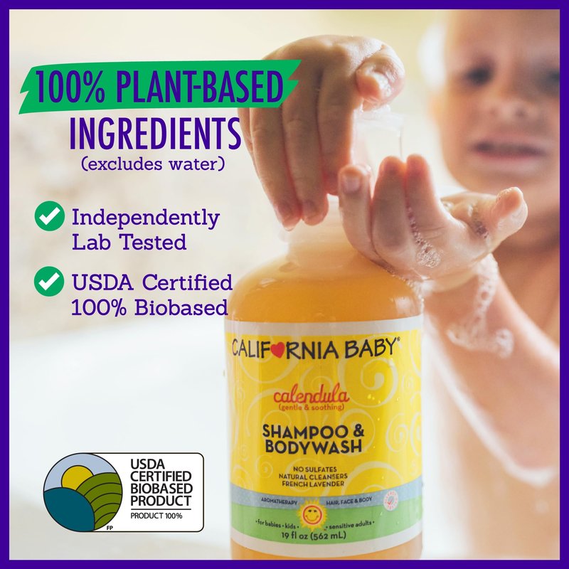 California Baby Calendula Baby Shampoo + Baby Wash | 100% Plant-Based | Soothing Lavender Body Wash | Sensitive Skin | Hypoallergenic | 19 oz (2-Pack)