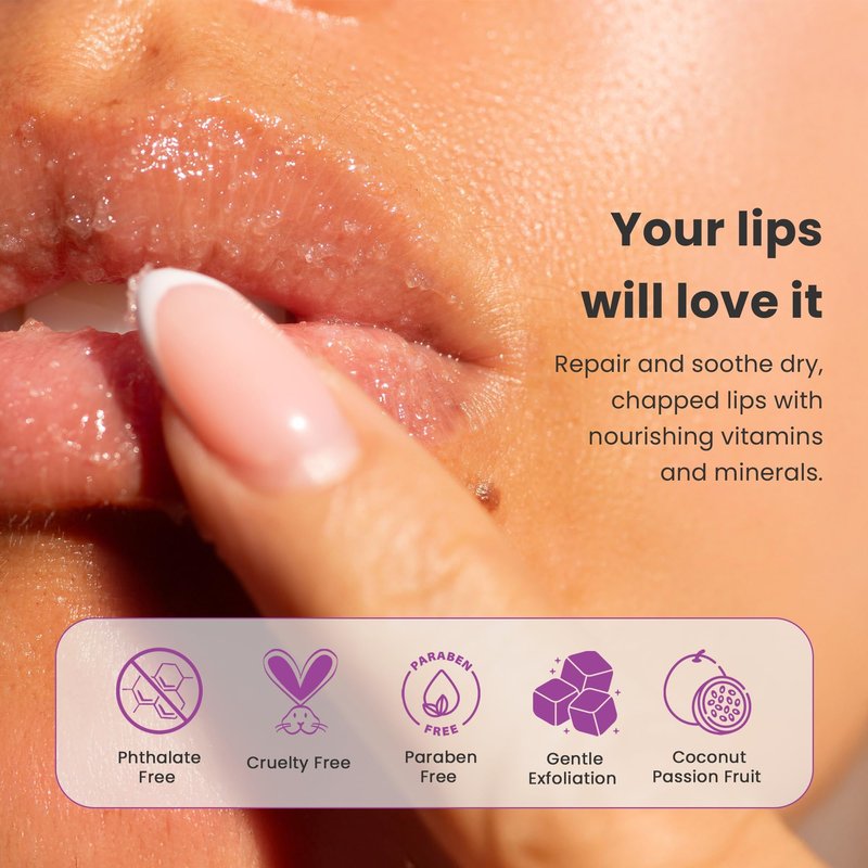 Dermasuri - Lip Exfoliator Scrub & Moisturizer - Sugar Scrubs, Overnight Hydration & Softening - Brighten & Soften Dark Lips For Men & Women -Soothing Dryness -Coconut Passion Fruit Flavor - 20g/0.7oz