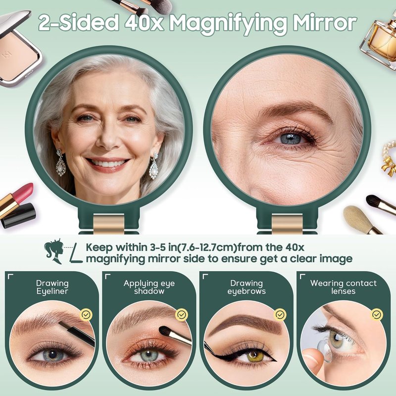B Beauty Planet 40X Magnifying Hand Mirror - Double-Sided, Portable & Foldable for Precision Makeup | Green