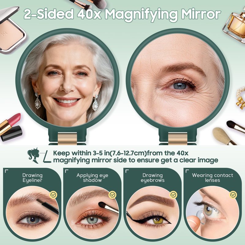 B Beauty Planet 40X Magnifying Mirror, Hand Mirror with Handle, Double Sided Hand Mirror with 40X/1X Magnification, Travel Essential Portable Foldable Makeup Mirror for Precision Makeup Green