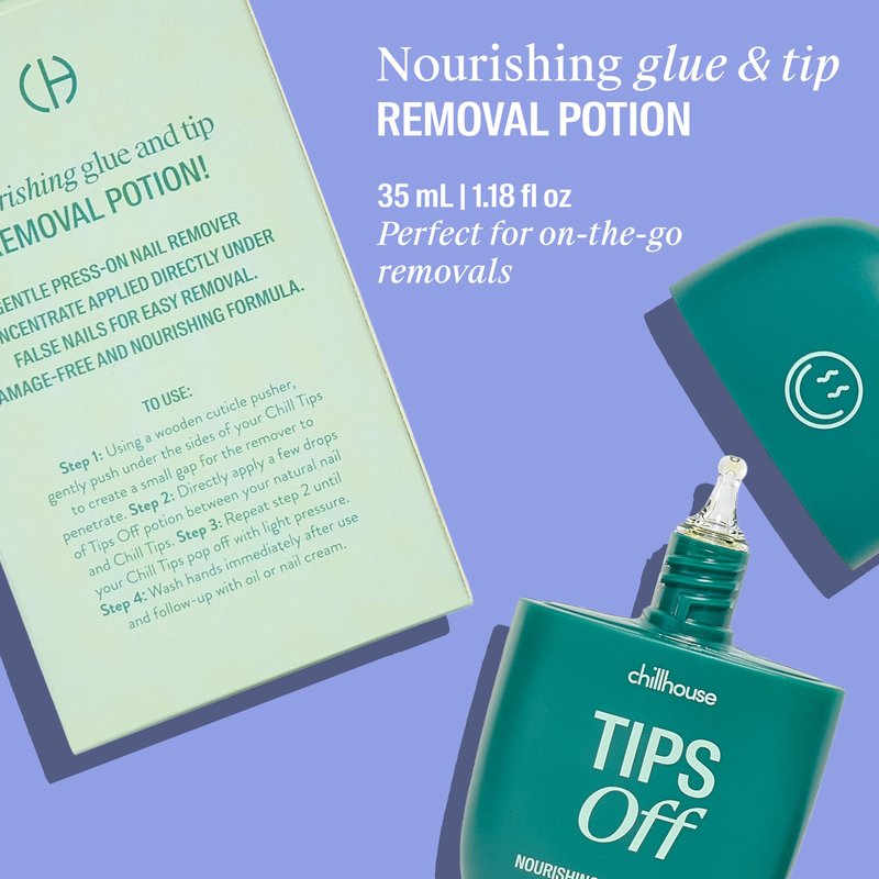Chillhouse - Tips Off, Nail Glue Remover - Press on Nails Removal Potion - Gentle Removal & No Soaking - Safflower Oil, Jojoba Seed & Orange Peel Oil - Women Owned - Beauty & Self Care - 1.18 fl oz