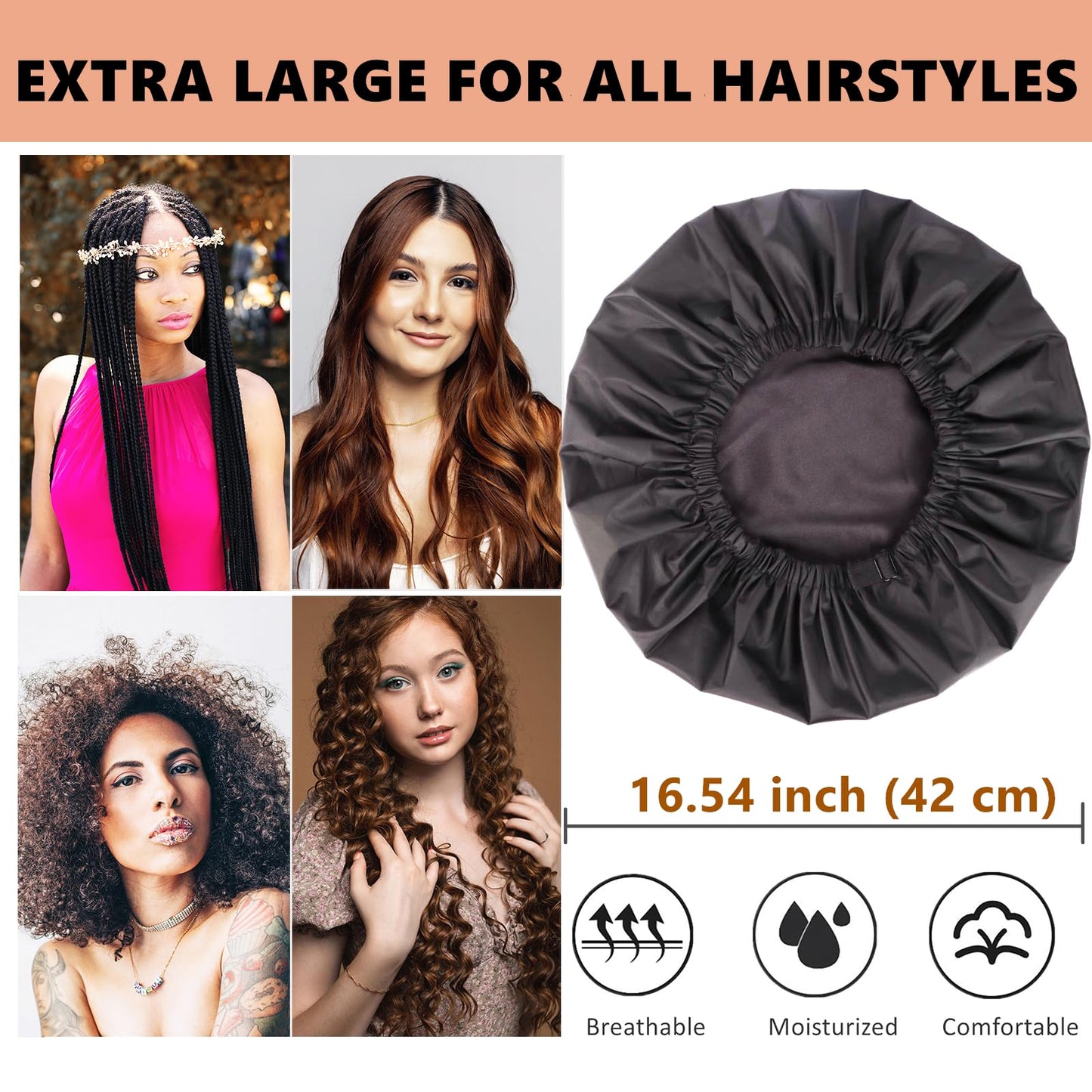 Adjustable Shower Caps for Women Reusable Waterproof Satin Lining Extra Large Shower Cap for Women and Men Long Hair Braids Curly Hair (Xl,Pink)