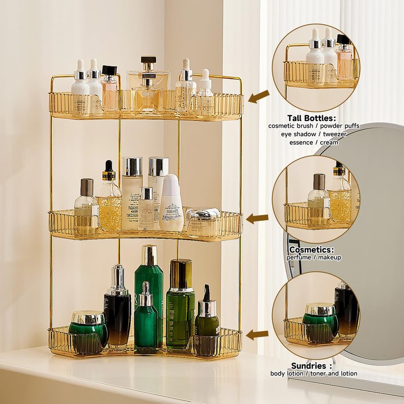 Ceruaxb 3-Tier Corner Bathroom Counter Organizer, Plastic Countertop Makeup Organizer, Large Capacity Vanity Bathroom Perfume Shelf Rack for Kitchen Office Desktop (Amber)