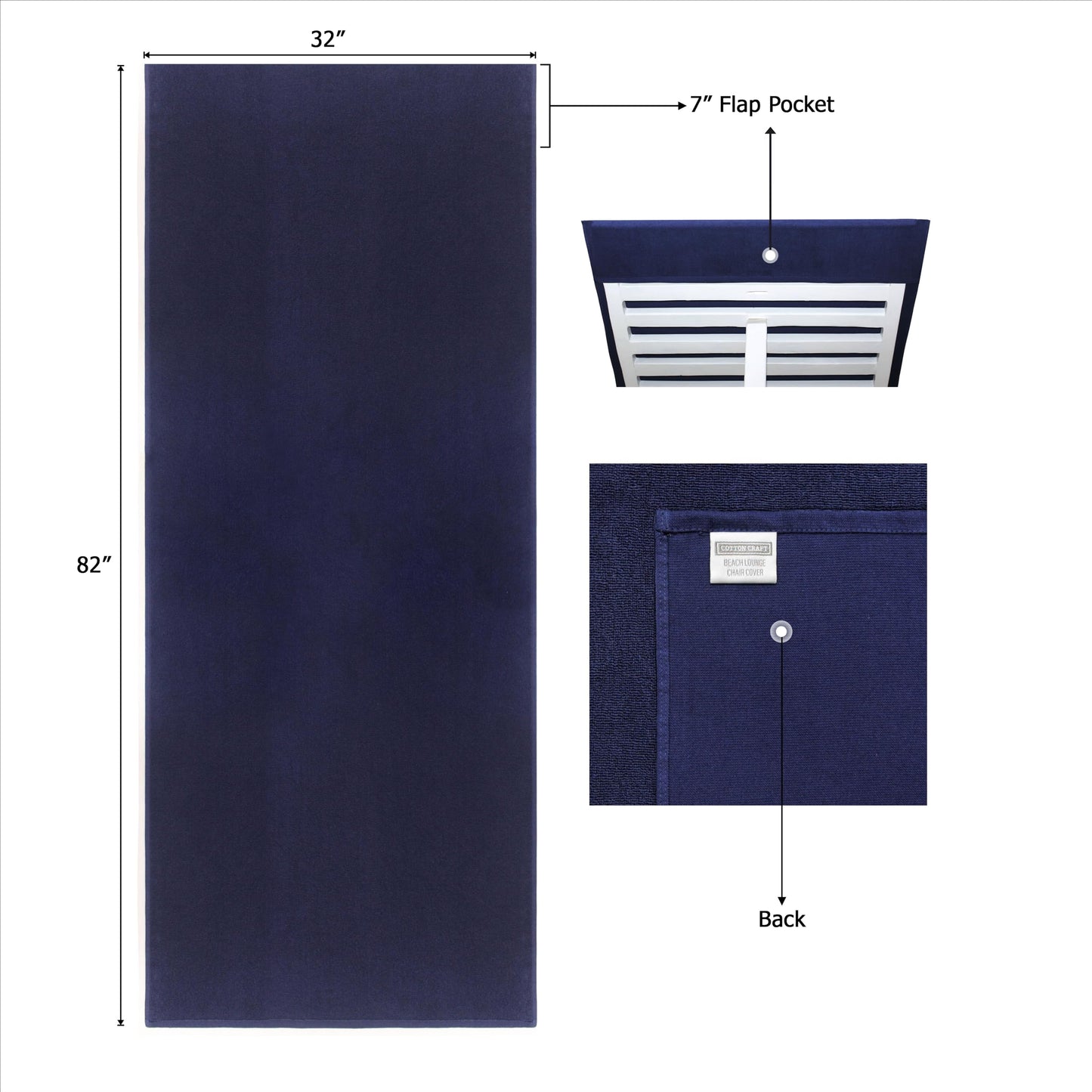 COTTON CRAFT Pool Lounge Chair Cover - 100% Cotton Soft Ringspun Terry Towel - Chaise Patio Picnic Spa Sun Lounger Beach Lounge Chair Cover - Oversized 32 in W x 82 in L x 7 in Pocket – Navy Blue