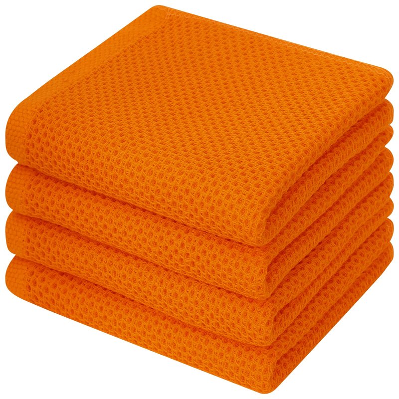 Kitinjoy 100% Cotton Waffle Weave Kitchen Hand Towels (13 x 28 Inches, Orange), 4-Pack Super Soft and Absorbent Dish Towels for Drying Dishes