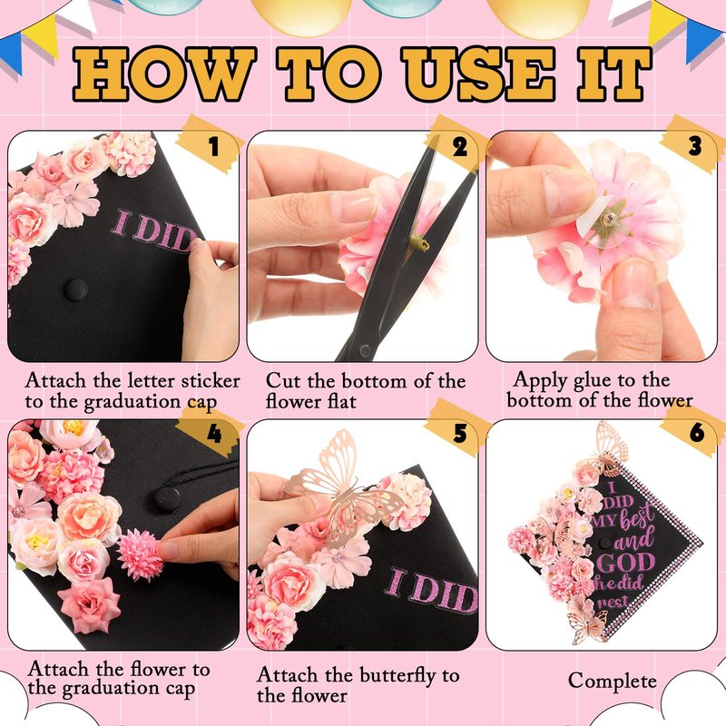 Feifeiya 41 Pcs DIY Graduation Cap Decorations Accessory Kit Include Faux Flower Heads Graduation Quote Glitter Sticker 3D Butterfly Pearl Rhinestones Sticker (Classic,Pink)