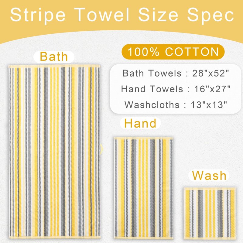 Bath Towels with Hanging Loops, 3PC Striped Towels - 100% Cotton, Quick Dry, Soft, Absorb & Lightweight, 1 Bath 28"x52", 1 Hand 16"x27", 1 Washcloth 13"x13", Shower Towel Decorative Set, Yellow + Gray