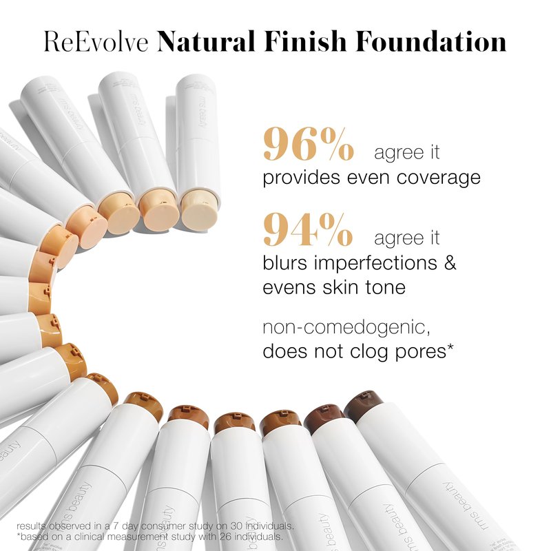 RMS Beauty ReEvolve Natural Finish Liquid Foundation (Shade 44). Lightweight, hydrating, buildable medium coverage for even skin. Nourishing, long-lasting formula for medium tones. 1 fl oz.