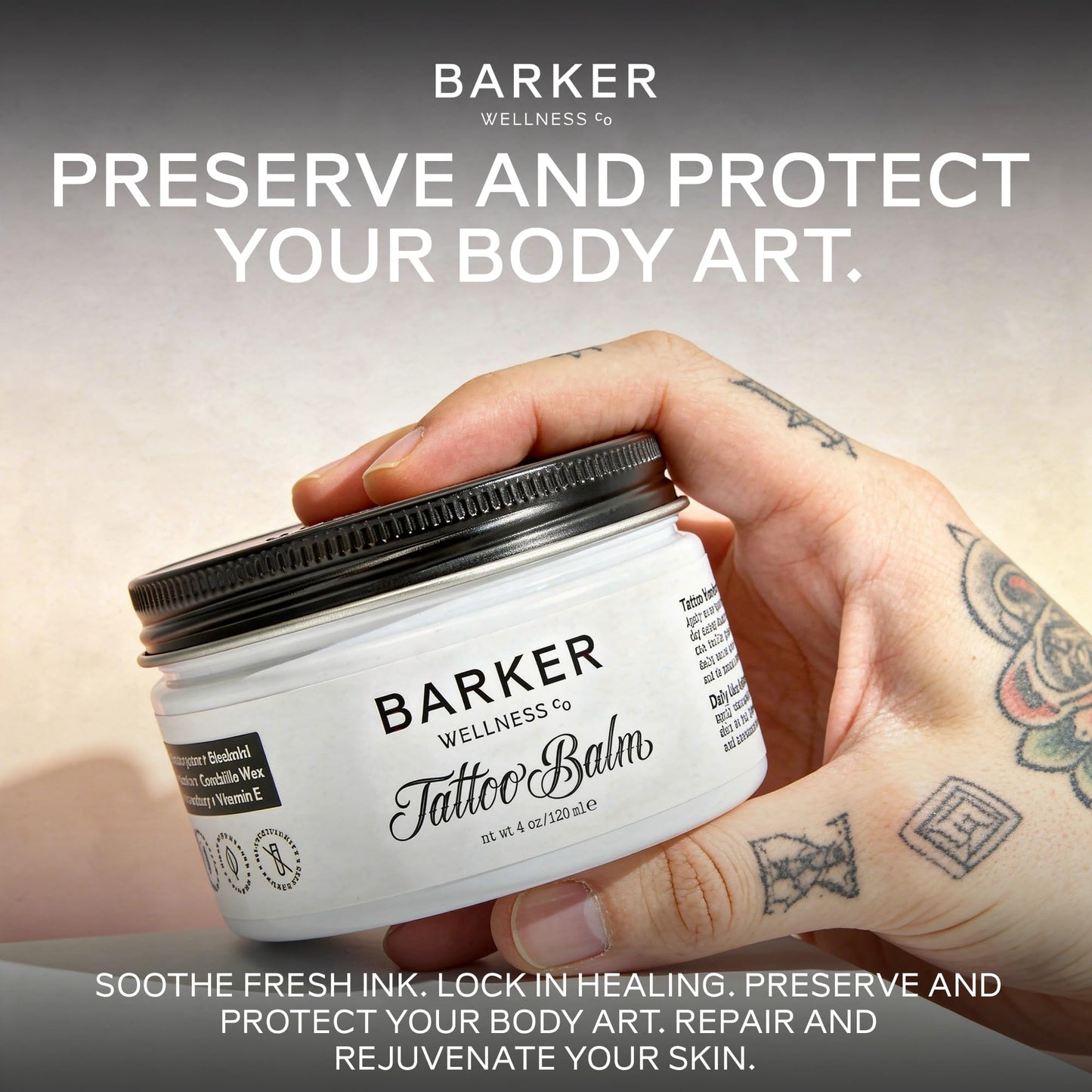 Barker Wellness Tattoo Balm - Natural Vegan Aftercare with Bisabolol, Helichrysum & Vitamin E - Brightens Old Tattoos, Protects New Ink, Soothes Healing Skin - Non-Greasy, Petroleum-Free, 4 oz