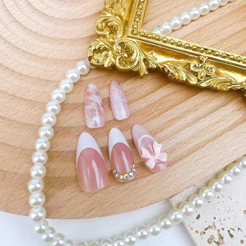 French Tip Press-On Nails - 24pcs Medium Almond with 3D Bow & Glitter Rhinestones | Reusable Full Cover Nail Art for Women