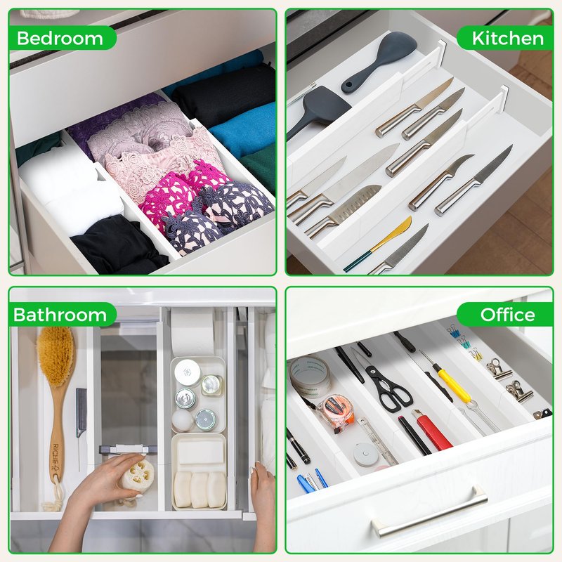 4 Pack Bamboo Drawer Dividers Organizer with Inserts 2.6'' High, Expandable from 12.5-21.7", Adjustable Drawer Organizer Separators for Utensils, Clothing, Office, Dresser, Bedroom, (White)
