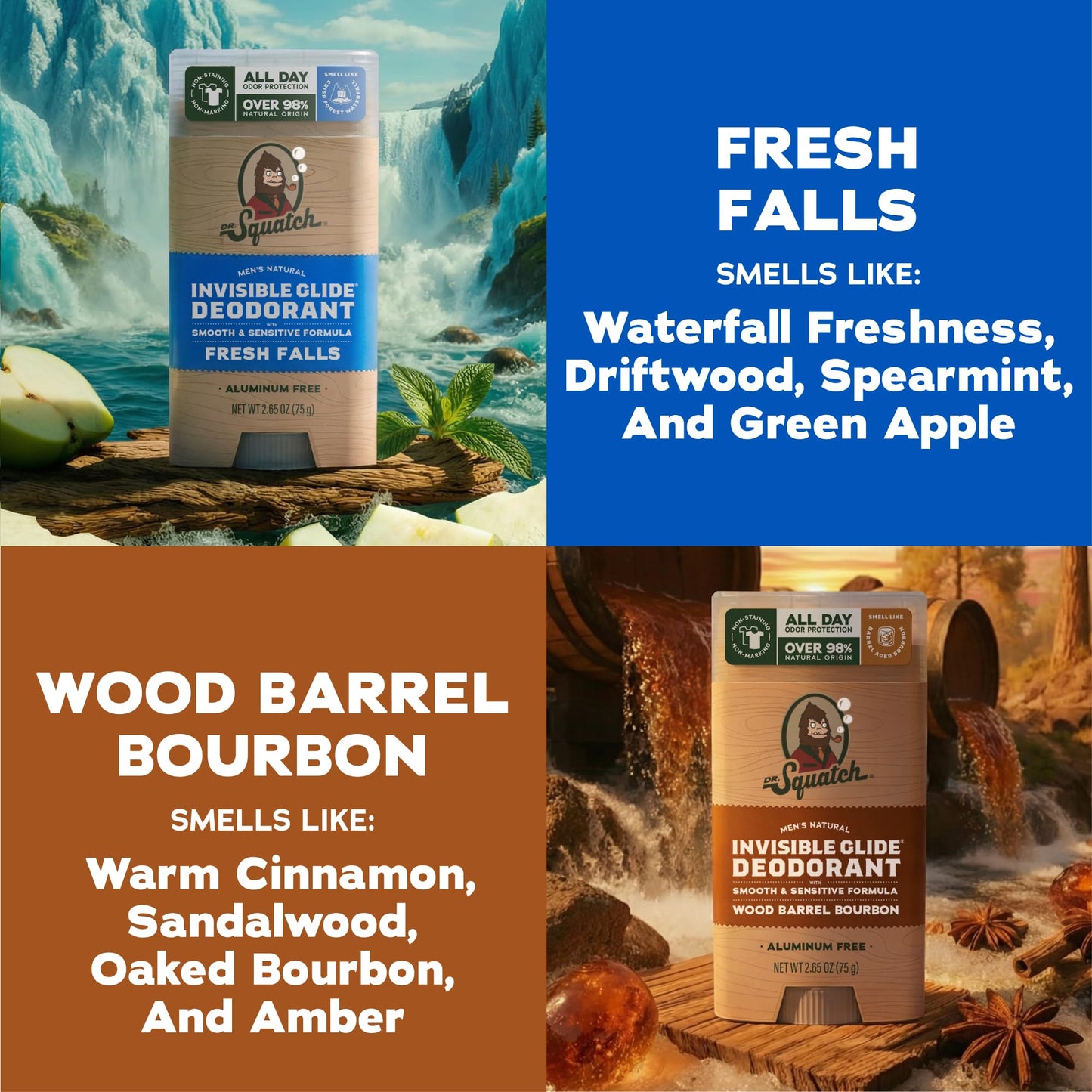 Dr. Squatch Invisible Glide Natural Men’s Deodorant – Smooth Glide, No Stains – Aluminum Free Deodorant Men – Safe for Sensitive Skin – Fresh Falls + Wood Barrel Bourbon – 2.65oz (2-Pack)