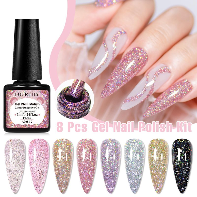 Four Lily Reflective Glitter Gel Nail Polish Set of 8 Colors Pink Red Black Silver Shimmer Sparkle Gel Polish Collection Kit LED Soak Off Nail Polish Manicure Art Gel Kit Home DIY Nail Salon