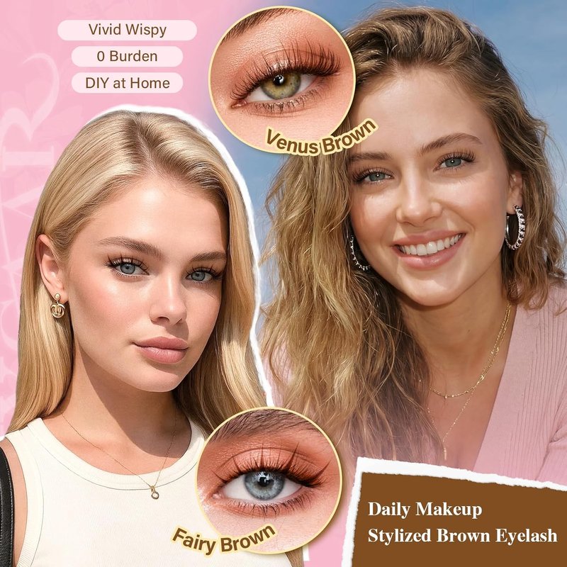 Fairy Spiky Brown Anime Lash Clusters - 144pcs Wispy D Curl 8-16mm Individual Lashes with Invisible Band, Manga Style for DIY Natural Look at Home