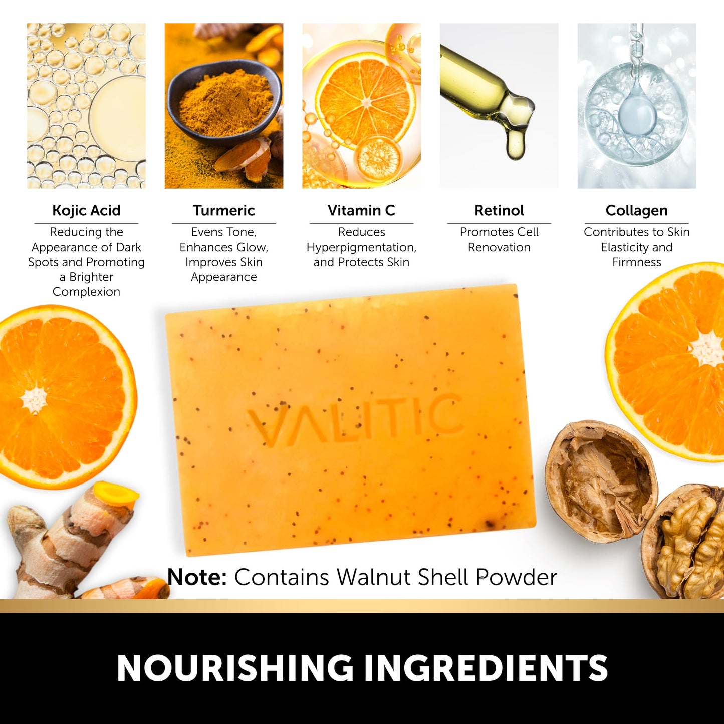 VALITIC Kojic Acid Soap - Turmeric Soap for Dark Spots for Face and Body - Exfoliating Bar for Hyperpigmentation, Skin Tone Corrector with Retinol, Vitamin C, Collagen and Hyaluronic Acid - 1 Pack