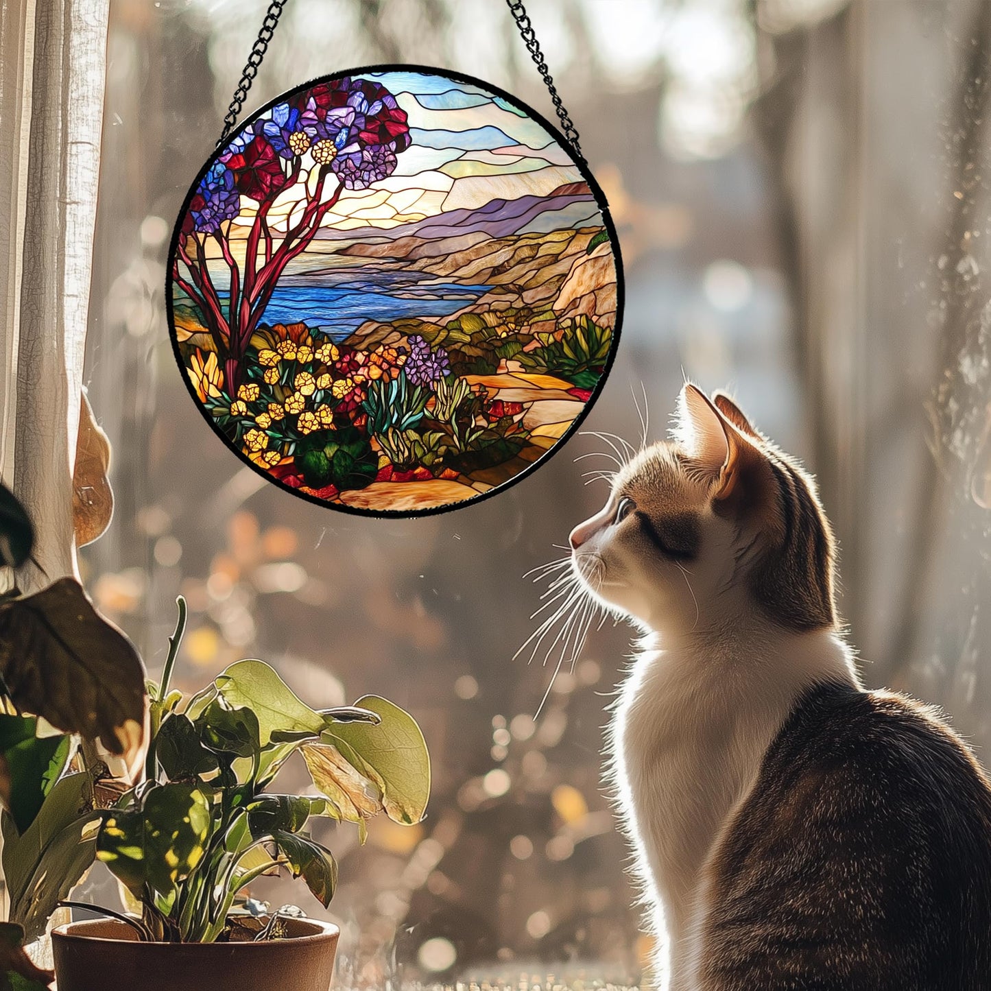 QZQCBLC Stained Glass Window Hanging Retro Wildflowers Lake Mountain Scenery 6.3" - Suncatcher Door Garden Sun Catcher Home Decor Birthday Christmas for Mom Men Woman Friend