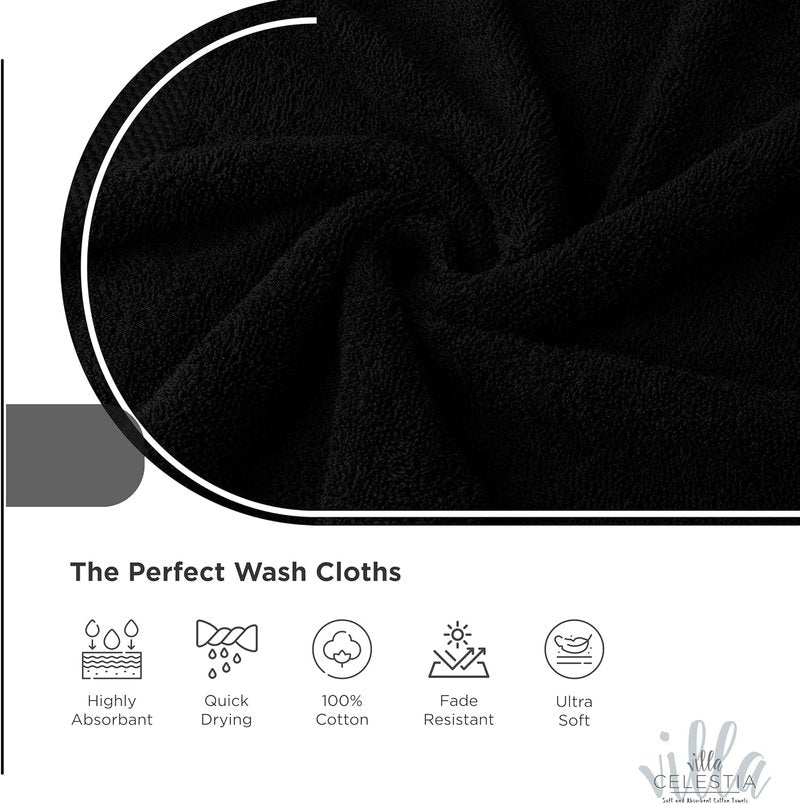 Cotton Washcloths Set of 6 - 100% Ring-Spun Combed Cotton, Soft & Absorbent | 12x12 Inch, Black