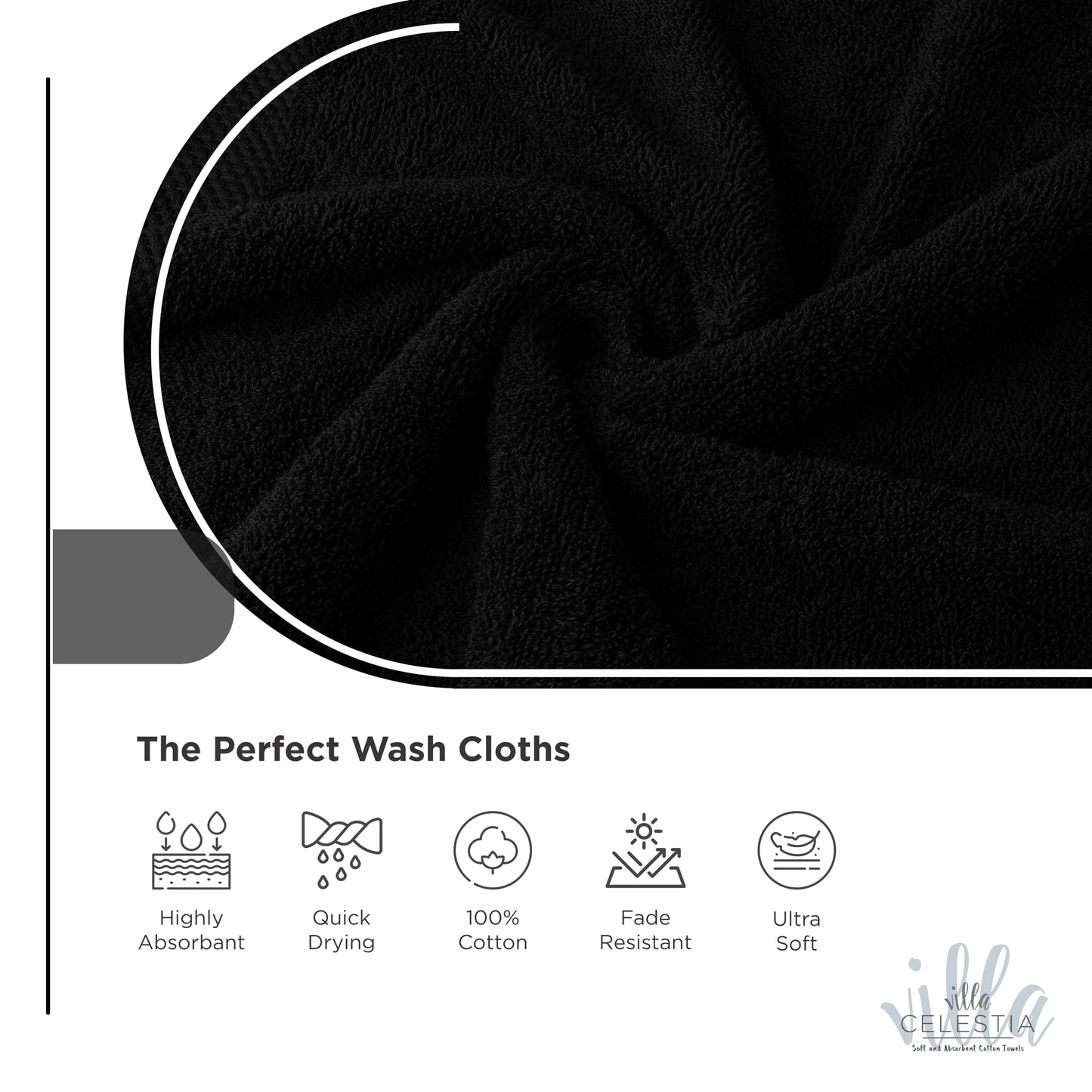 Villa Celestia Cotton Washcloths Set of 6, 12x12 Inch, 100% Ring-Spun Combed Cotton, Soft Absorbent Quick-Dry Wash Cloths for Face and Body, Oeko-TEX Certified, Hotel & Spa Quality, Black