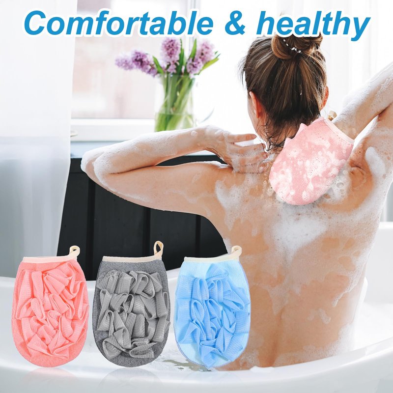 Oqqlin 18 Pcs Travel Bath Loofah, Terry Cloth Exfoliating Shower Loofah Portable Body Sponge Brushes with Elastic Strap for Women and Men (Gray, Blue, Pink)