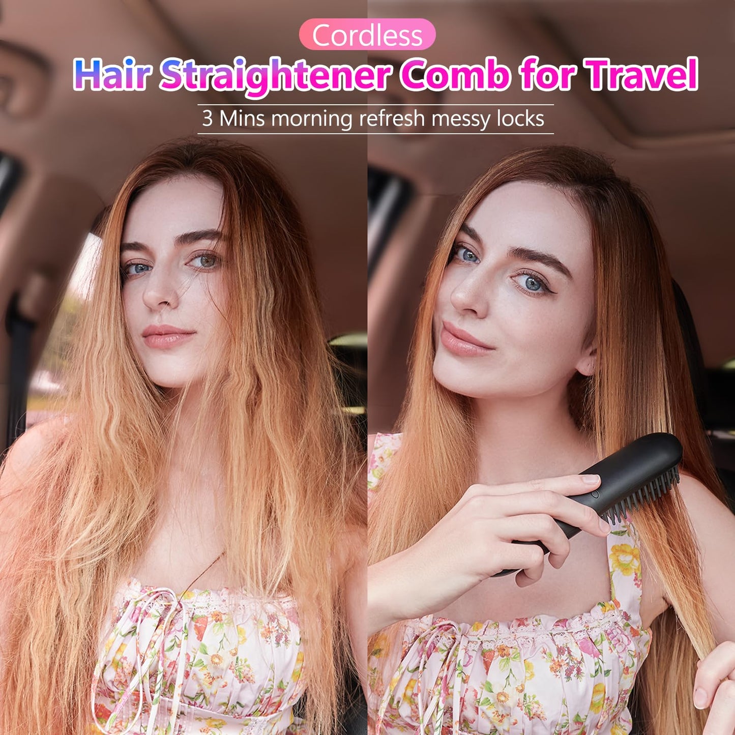 STUDLLY LCD Screen Cordless Hair Straightener and Curler 2 in 1, Rechargeable Portable Mini Travel Negative Ionic Hair Straightening Brush for Women, Fast Heating Hot Comb for Women, Black