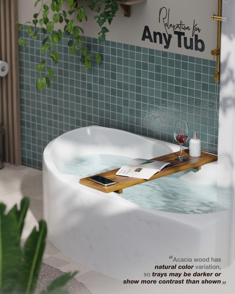LotusSway Bathtub Tray, Acacia Bath Tray for Tub, 34.6''x9'' Wooden Bathtub Caddy Tray with Adjustable Legs Fit Various Bathtubs, Anti-Tipping, Sustainable Bath Table with Wine Glass and Tablet Holder
