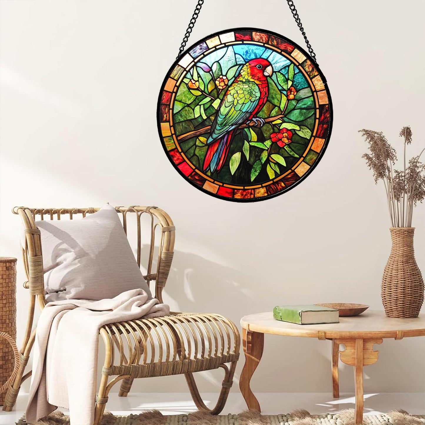 GEFOS Stained Glass Window Hanging Red Green Parrot On A Branch 6.3" - Suncatcher Door Garden Sunroom Sun Catcher Home Decor Birthday Christmas for Mom Men Woman Nana
