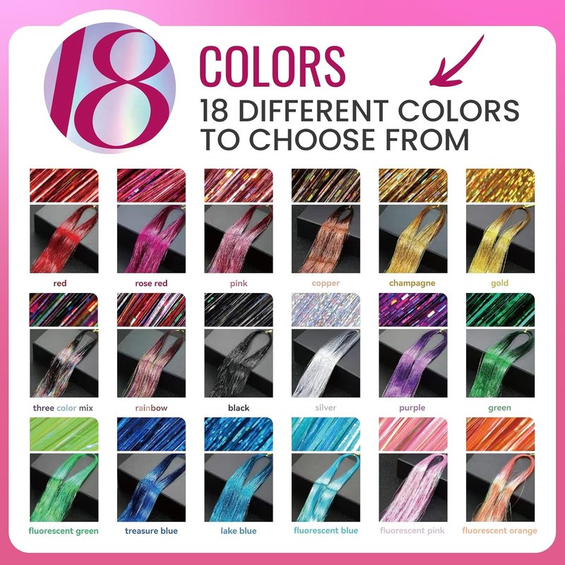 Glitter Hair Tinsel Extensions Kit - 18 Colors, 48 Inch Sparkly Strands | Shiny Hair Accessories for Women & Kids