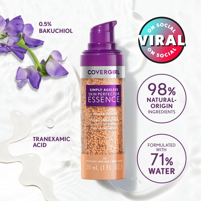 Covergirl Simply Ageless Skin Perfector Essence Foundation, 80 Deep, Tinted Skincare Makeup Hybrid, Sheer Tint, Radiant Finish, Glowy Finish, Vegan Formula, 1.0oz