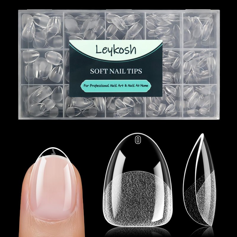 Leykosh Extra Short Almond Nail Tips - 15 Sizes 330PCS Soft Gel Fake Nails, Half Matte Full Cover Pre-Shaped Clear Press On Acrylic Nails No C Curve for Extension, DIY Home Manicure Beauty Gifts