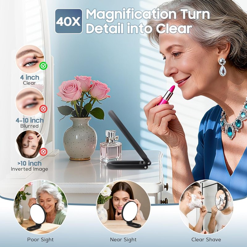 B Beauty Planet 40X Magnifying Hand Mirror - Double-Sided, Portable & Foldable | Ideal for Makeup, Black