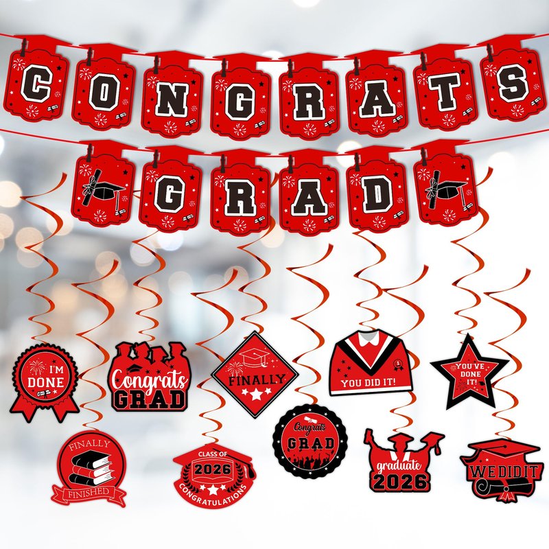 DMIGHT Graduation Decorations 2026, Class of 2026 Backdrop, Banner, 2026 Foil Balloons, Tablecloth, Hanging Swirls, Honeycomb Centerpieces, Party Supplies Decorations Set for College (RED)