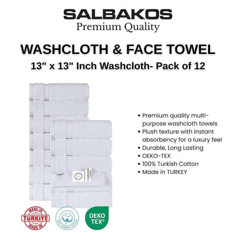 SALBAKOS 12-Piece 100% Turkish Cotton Wash Cloths for Bathroom & Face - Soft 13x13 in Small Towels for Body & Kitchen - Thick, Absorbent Multi-Use Oeko-TEX Certified Washcloths (White, 12 Washcloths)