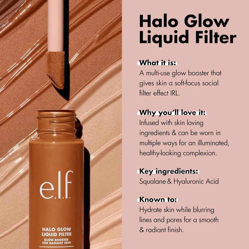 e.l.f. Halo Glow Liquid Filter - Complexion Booster for Glowing Skin | Infused with Hyaluronic Acid, Vegan, 3 Light/Medium