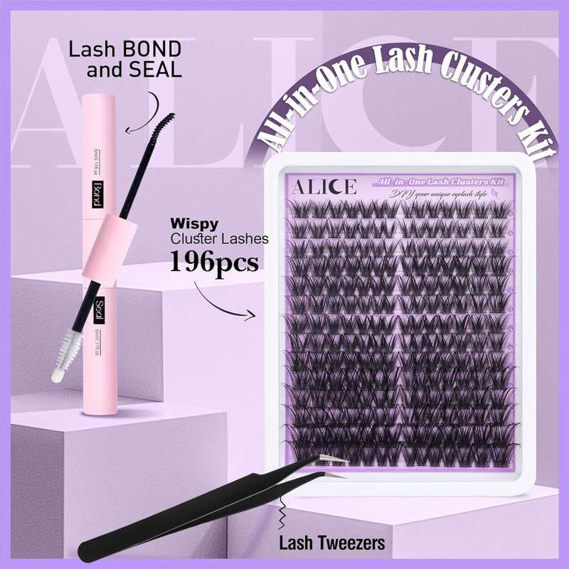 Cluster Eyelash Extension Kit - Natural Wispy 196pcs DIY Lashes | 10-18mm Individual Lashes with 4-7mm Bands, Glue & Tweezers