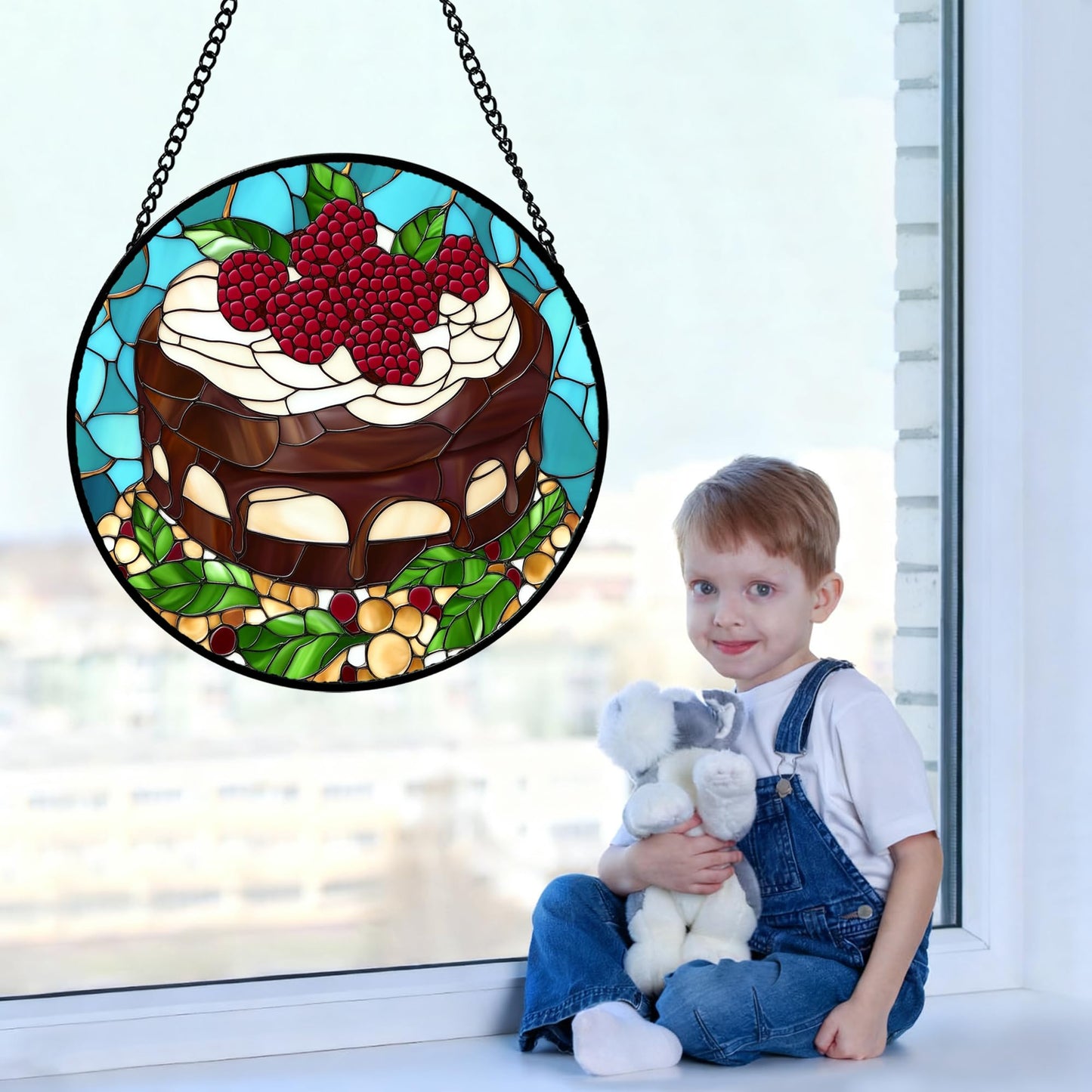QZQCBLC Stained Glass Window Hanging Raspberry Cake 6.3" - Black Suncatcher Door Garden Sun Catcher Home Decor Birthday Christmas for Mom Men Woman Wife Girl Friend Nana