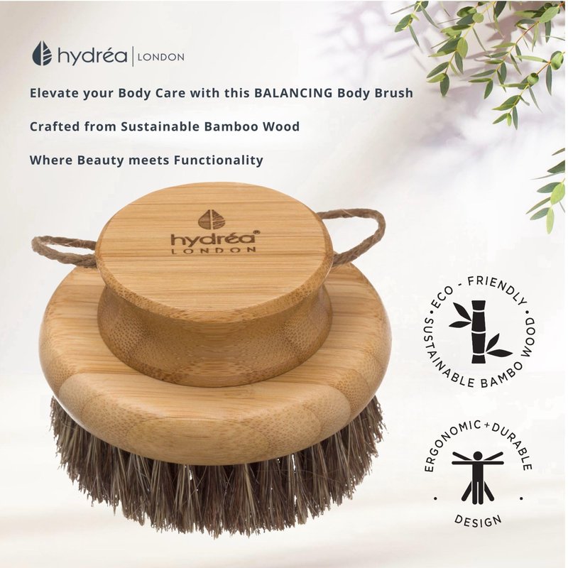 Hydréa London Round Natural Body Brush with Mane/Cactus Bristle for Dry Brushing to Exfoliate, Remove Dead Skin, Cellulite and Aid Lymphatic Drainage.