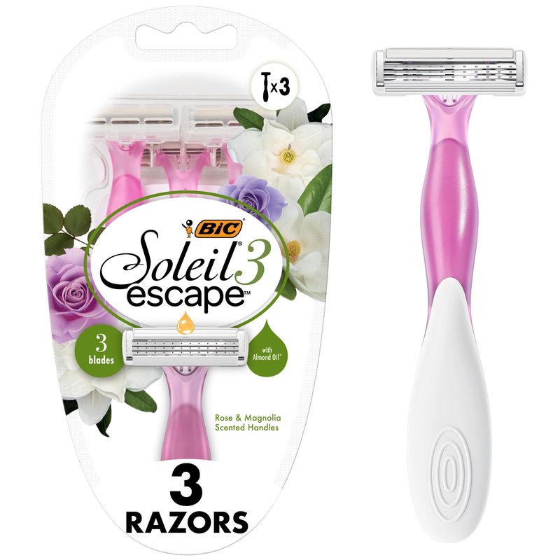 BIC Soleil Escape Women's Disposable Razors, 3 Blades for a Comfortable Shave, Pack of Rose and Magnolia Scented Handle Shaving Razors for Women, 3 Count
