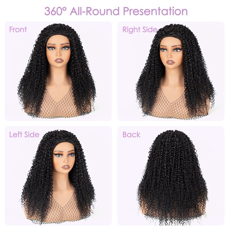Reehaaboo Kinky Curly Half Wig for Women - 3-in-1 Synthetic Curly Half Wig with Drawstring & Glueless 22 Inch Natural Black Beginner Friendly