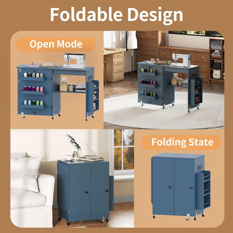 Folding Sewing Table with Power Outlet, Rolling Sewing Desk with Side Storage Rack, Compact Portable Sewing Cabinet for Sewing Machine, Craft Table Organizer for Home (Blue)