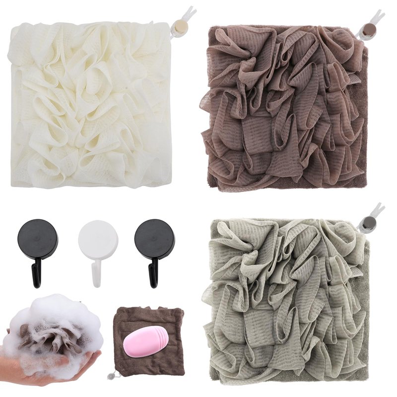 3 Pack 2 in 1 Loofah Washcloth with Drawstring, Soap Bar Loofah That Holds Bar Soap-Exfoliation Mesh Shower Ball, Reusable Shower Sponge for Body Wash (Coffee, Khaki, Beige)