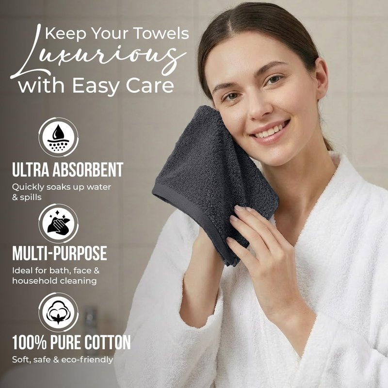 RIVERSIDE 12-Pack Premium 100% Cotton Charcoal Gray Face Towels for Bathroom [12x12] - Reusable Luxury Face Wash Cloths for Showering - 550 GSM Super Soft & Absorbent Washcloths for Body, Spa & Gym
