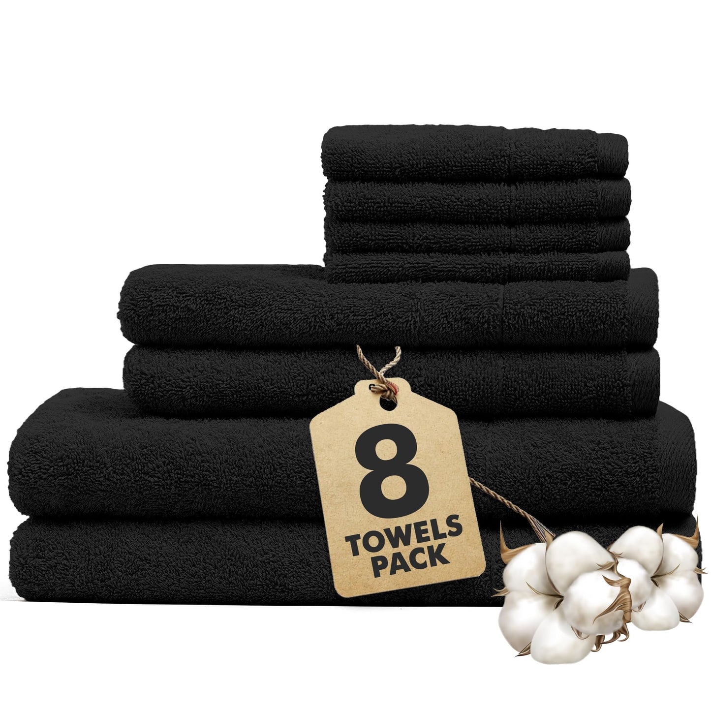 Novo Home Bath Towels Set of 8 – 100% Cotton (Black) Bathroom Towel Set Bale Includes 2 Bath, 2 Hand, 4 Face Towels – Soft, Absorbent & Quick Dry Towel for Bathroom, Spa, Kitchen, Hotel Use