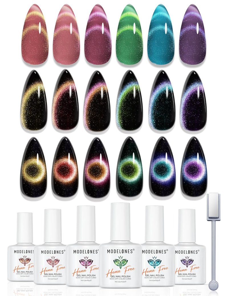 Modelones Cat Eye Gel Nail Polish Set - Hema-Free 6 Colors with 9D Chameleon Effect | Glitter & Magnet Soak Off