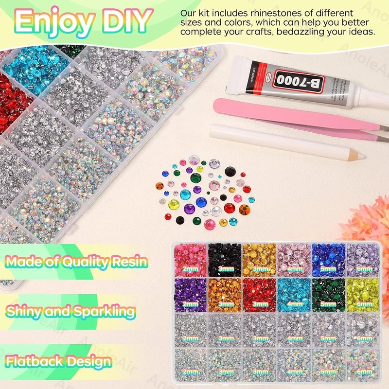 Colorful Resin Flatback Rhinestones - 26000PCS for Crafting | 2/3/4/5/6mm Gems for DIY Mugs, Tumblers, Nail Art