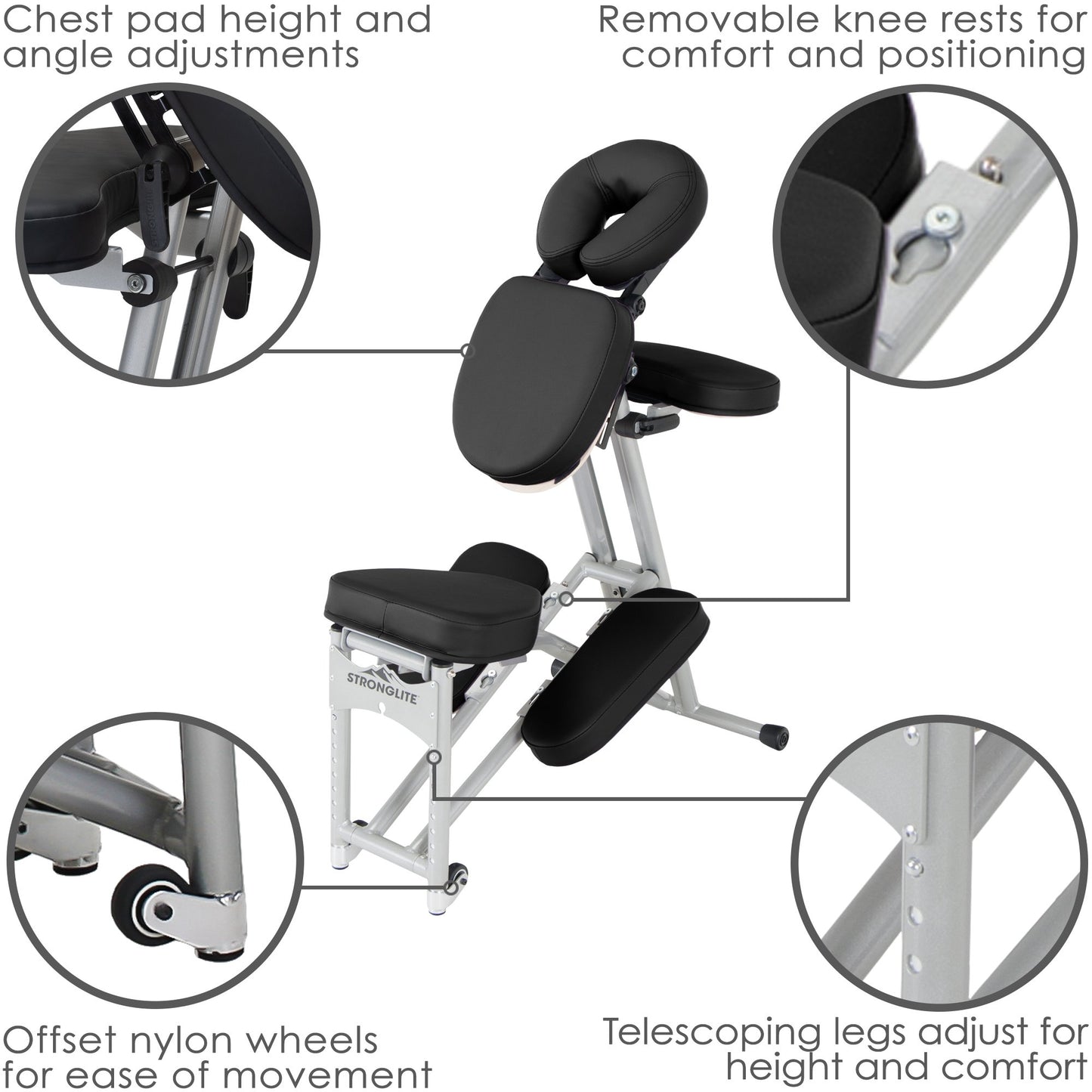 STRONGLITE Portable Massage Chair Ergo Pro II - Ultra-Strong, Lightweight, Foldable Tattoo Spa Chair with Wheels & Carry Case (600lbs Working Weight), Black