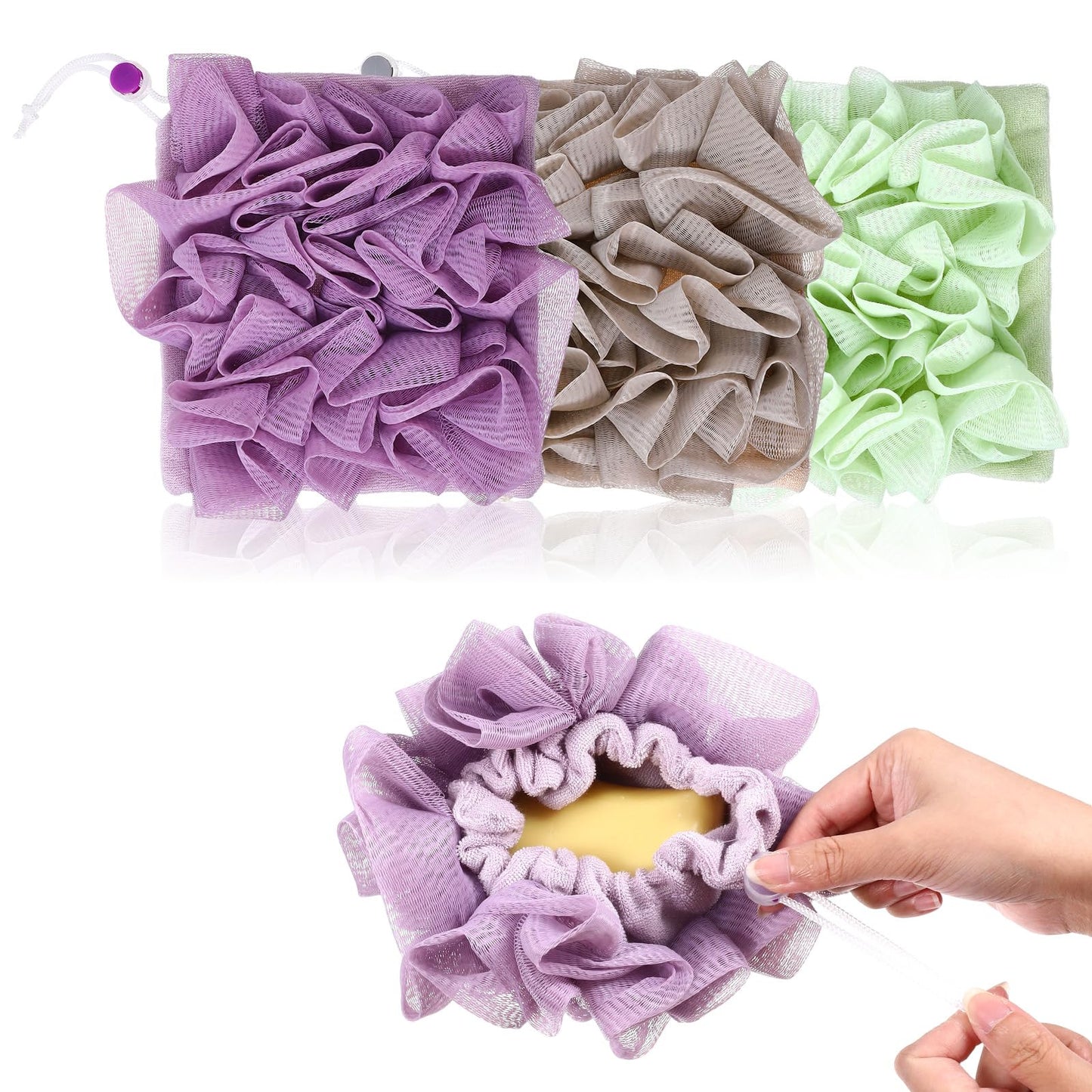 WJIAAA Loofah Washcloth Combo, 3 Pack 2-in-1 Exfoliating Shower Pouf Soap Pocket Drawstring Exfoliation Mesh Ball Hold Bar Soap Loofah Washcloth Body Wash Cleansing Smooth Skin(Green+Purple+Khaki)