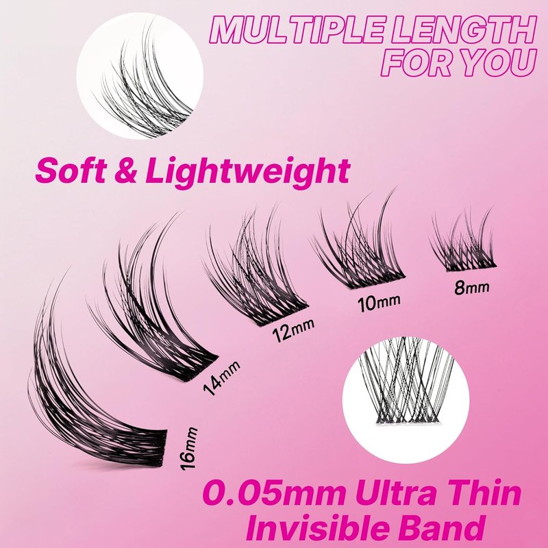 Lash Clusters Individual Eyelash Extensions - Thin Invisible Band | DIY Wispy False Eyelashes 8-16mm Mixed Length