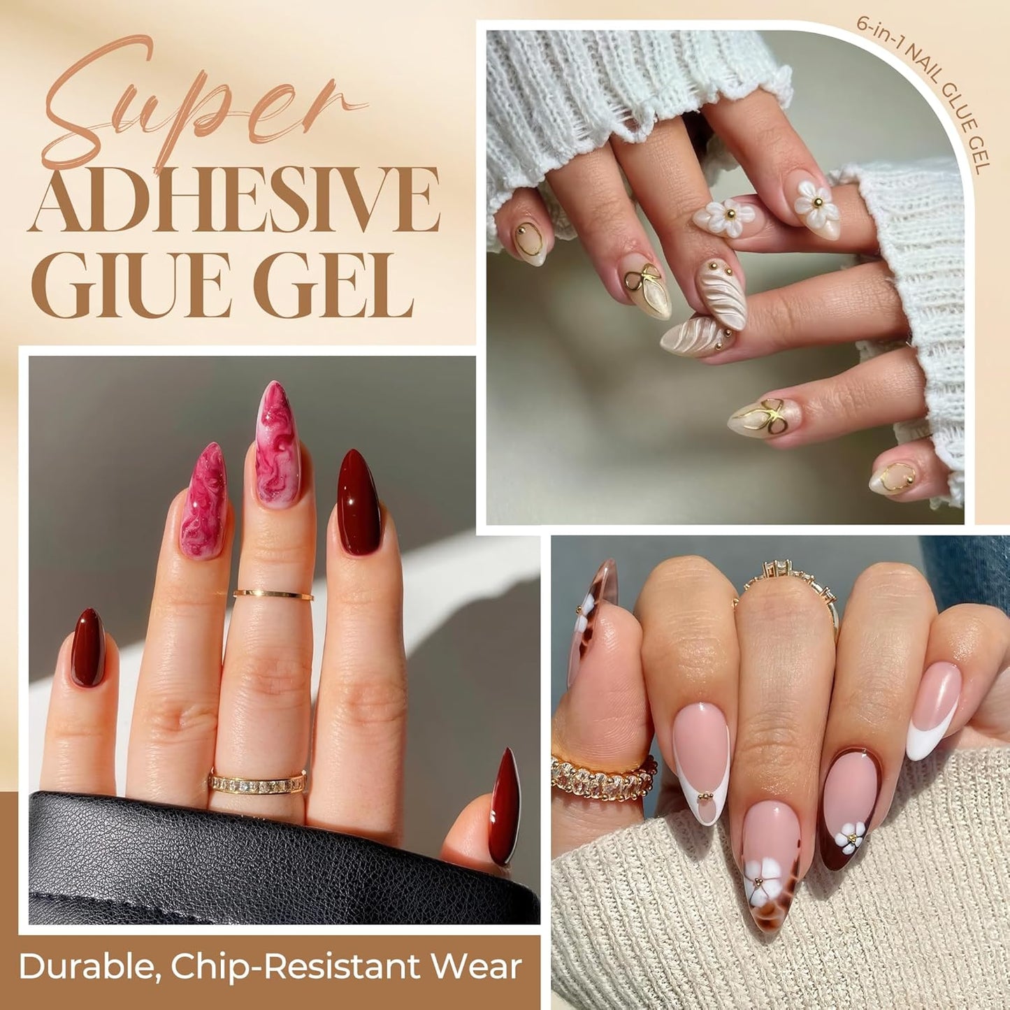 UNA GELLA 6 in 1 Gel Nail Glue for Nails Tips 10ml Long Lasting U V Nail Glue Super Strong Brush On Glue for Base Blooming Gel for Clear False Nail Tips and Press on Acrylic Nails Need Light Cured