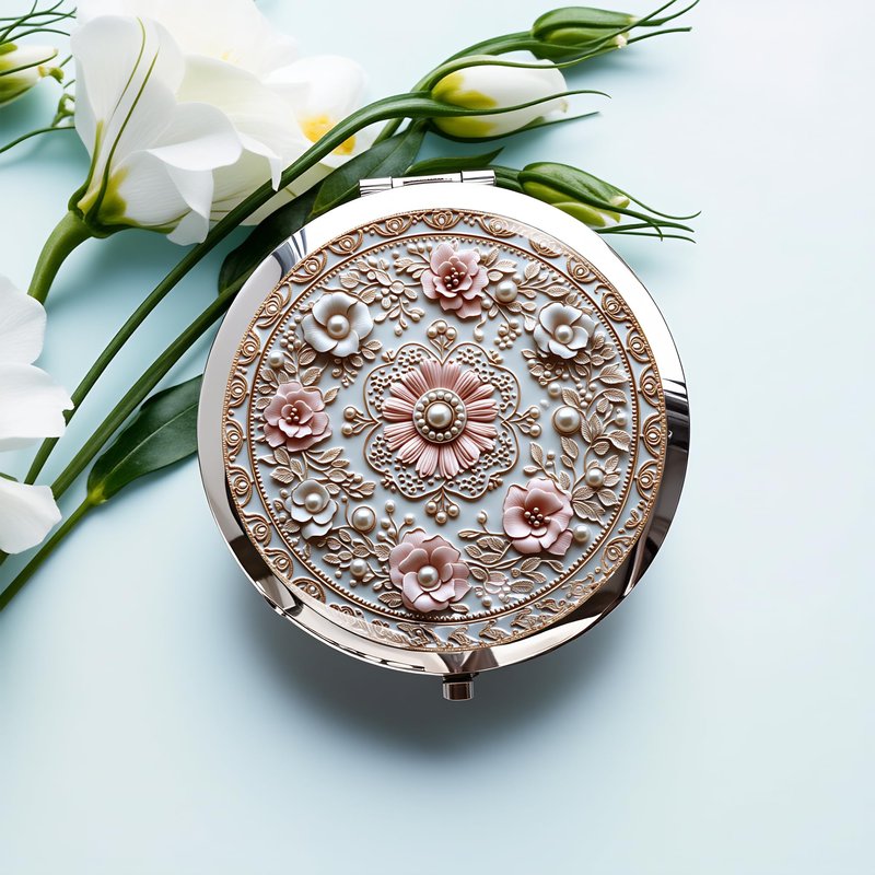 Silver Compact Mirror, 2.8x2.8inch Double-Sided Folding Makeup Mirror with Pink Floral Relief Design, Ideal Gift for Women